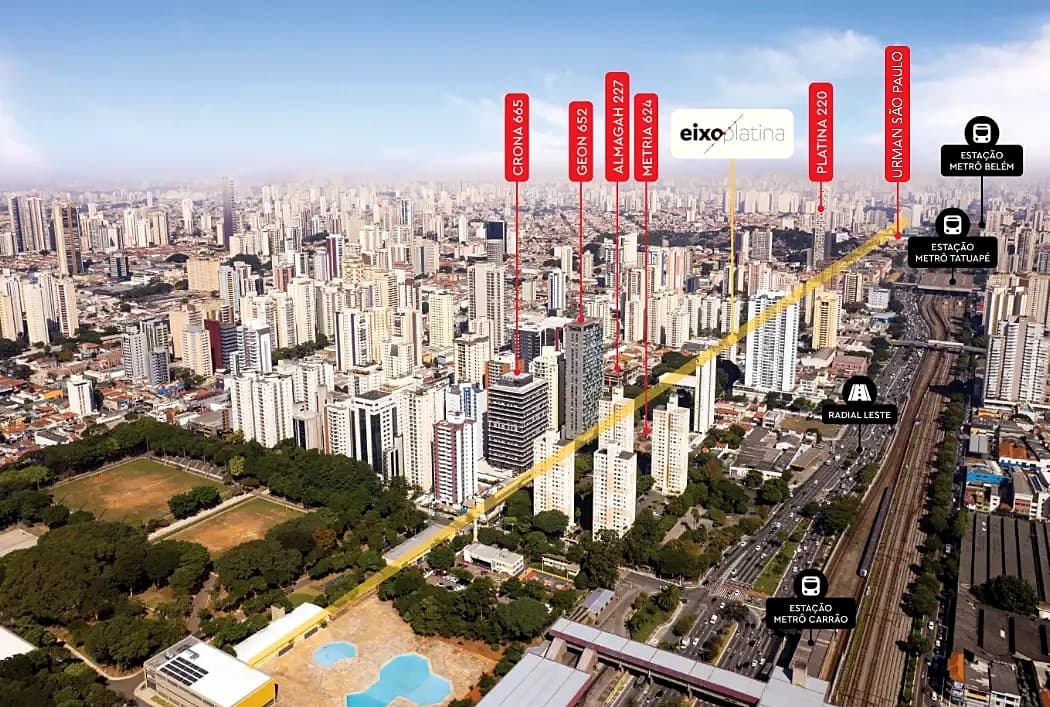 Vista aérea do Eixo Platina e das estações de metrô da região